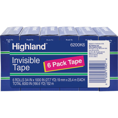 3M Highland 3/4"W Matte-finish Invisible Tape, Clear, 1 Pack, MMM6200341000