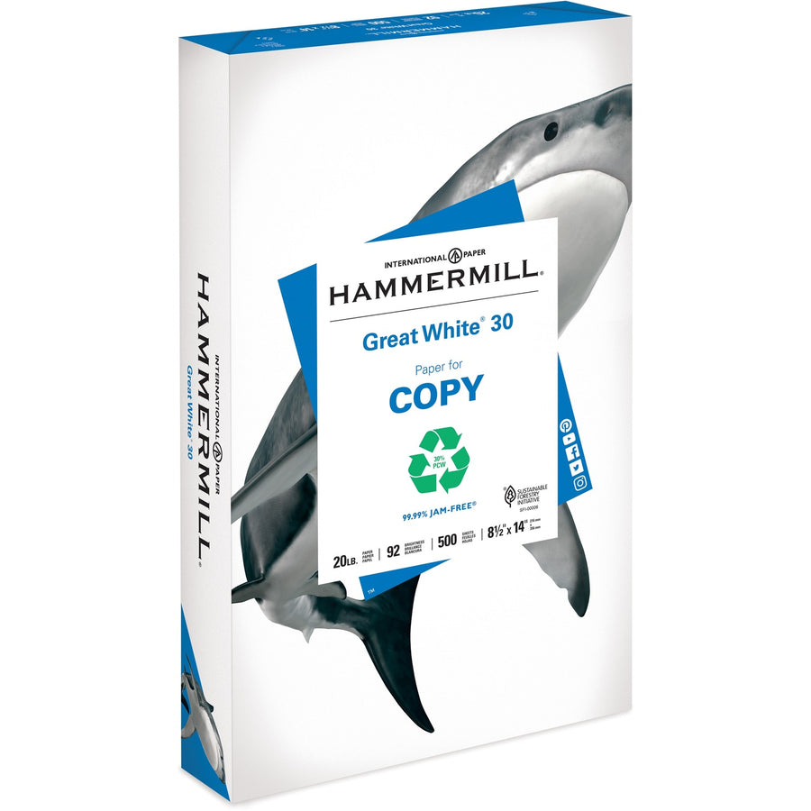 Hammermill Great White Recycled Copy Paper - White, Paper for Copy, 8.5" x 14", Fiber, 20 lb, Jam-free, 500 / Ream, HAM86704