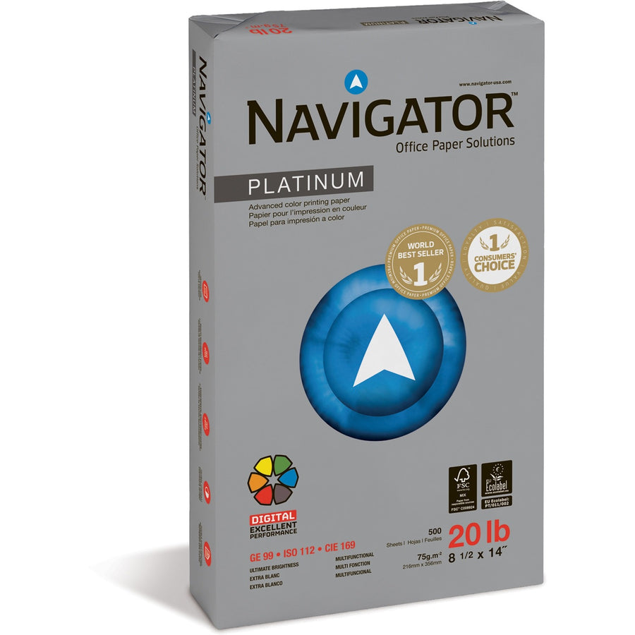 Navigator Platinum Office Multipurpose Paper - Bright White, Platinum Digital, 8.5" x 14", 20 lb, Chlorine-free, 10 / Carton, SNANPL1420