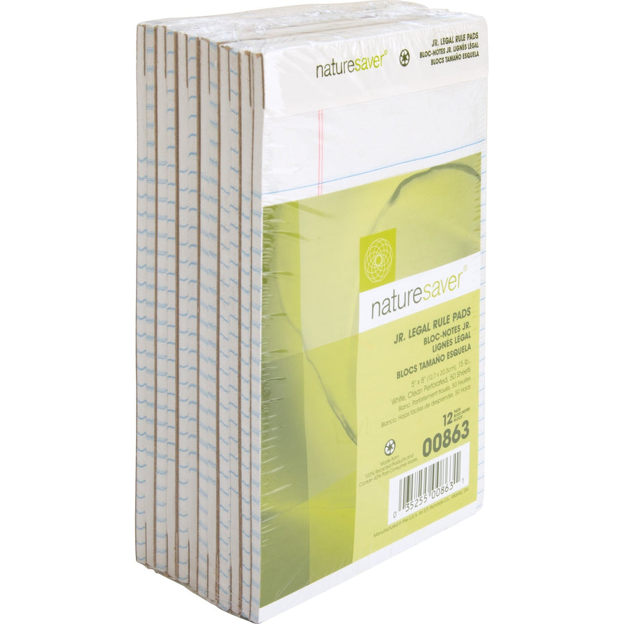 Nature Saver 100% Recycled White Jr. Rule Legal Pads - Jr.Legal, 5" x 8", 1 Dozen — view 1