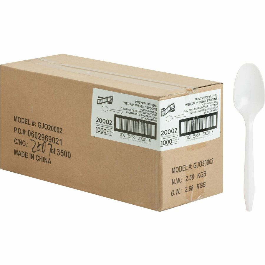 Genuine Joe Medium-weight Spoons, White, Polypropylene, 1000 / Carton, GJO20002
