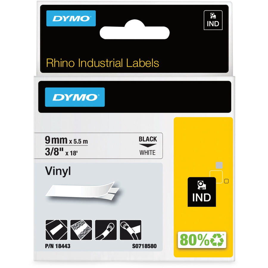 Dymo Rhino Industrial Vinyl Labels, RhinoPRO, Black on White, Oil Resistant, DYM18443
