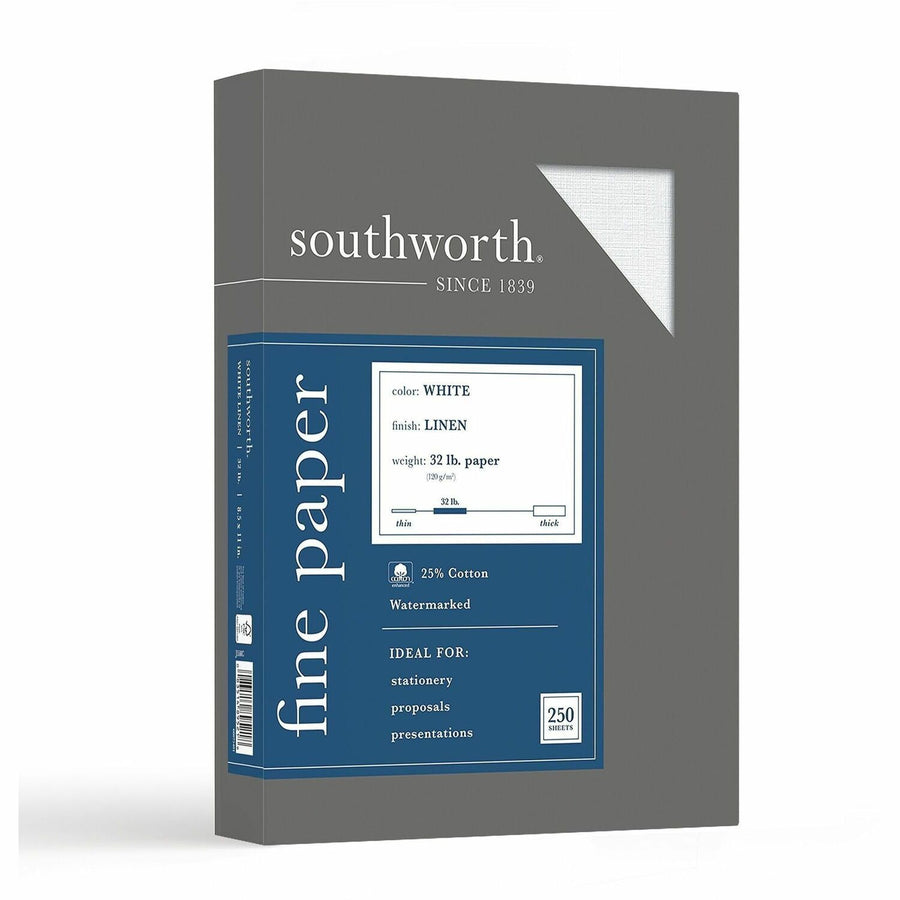 Southworth 25% Cotton Business Paper, Premium, 8.5" x 11", White, 32 lb, Date-coded, 250 / Box, SOUJ558C