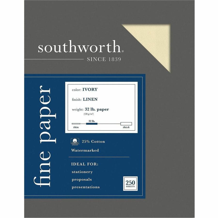Southworth 25% Cotton No. 10 Business Envelopes, Premium, 9.5" x 4.125", Ivory, 32 lb, Date-coded, 250 / Box, SOUJ568C
