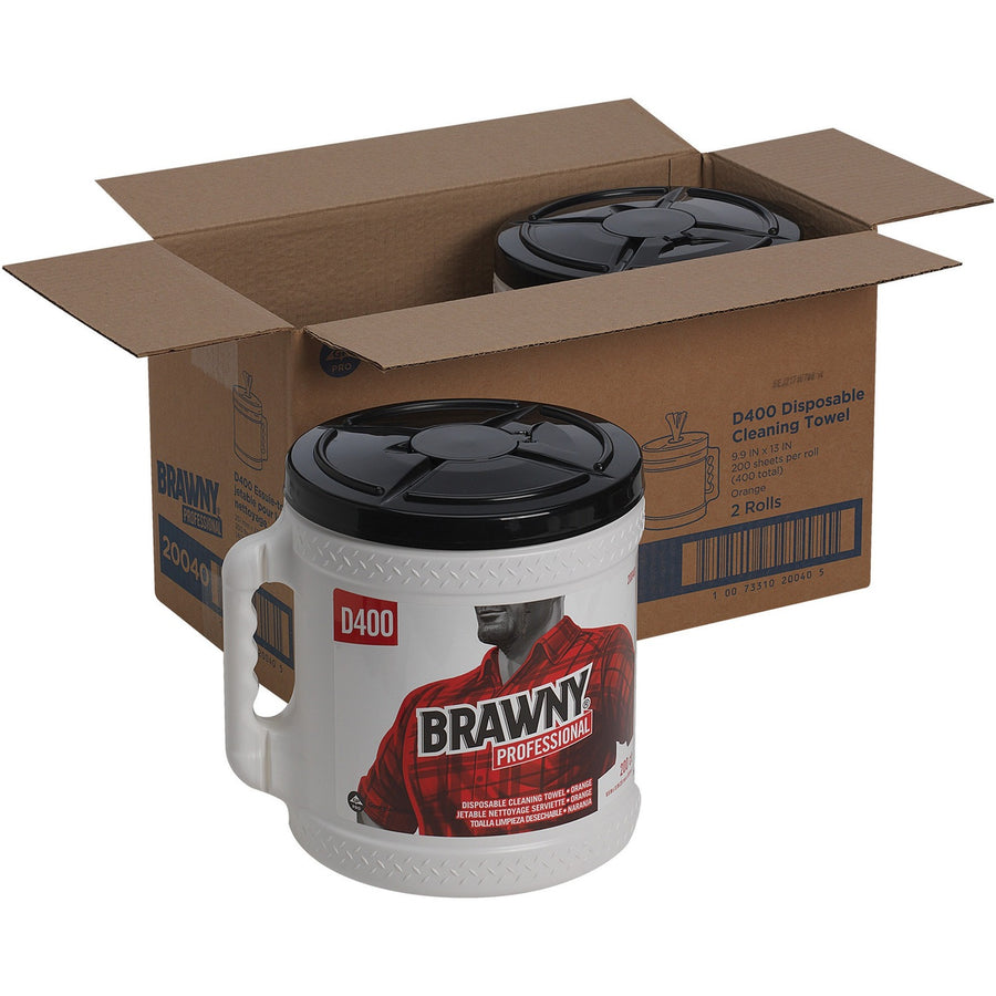 Brawny® Professional D400 Disposable Cleaning Towels With Bucket, Orange, Soft, 2 / Carton, GPC20040