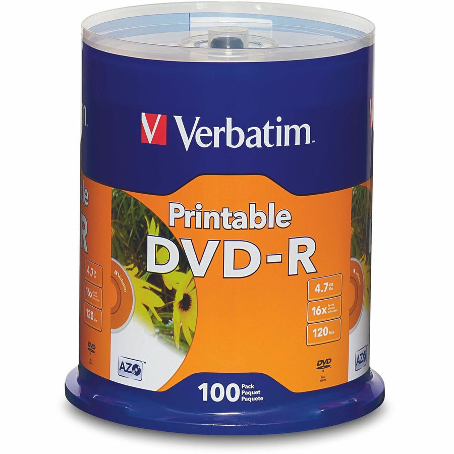 Verbatim White Inkjet Printable DVD-R Spindle, 100 / Pack, VER95153