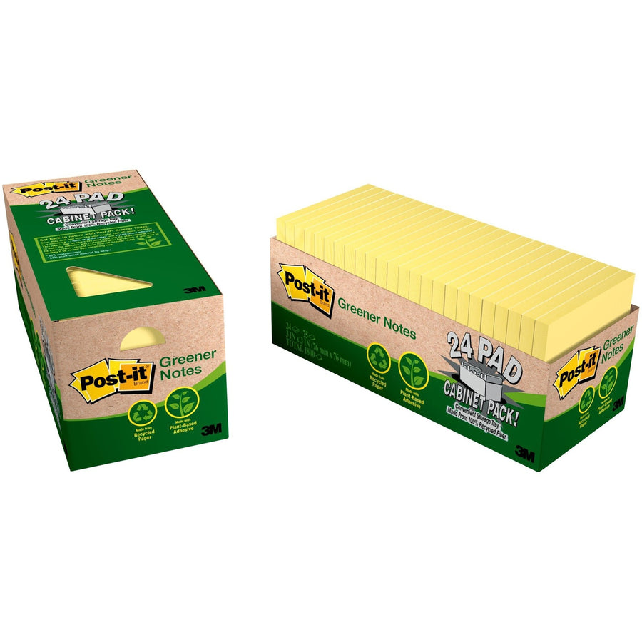 Post-it® Greener Notes Cabinet Pack, Canary Yellow, Paper, Repositionable, 1 / Pack, MMM654R-24CP-CY