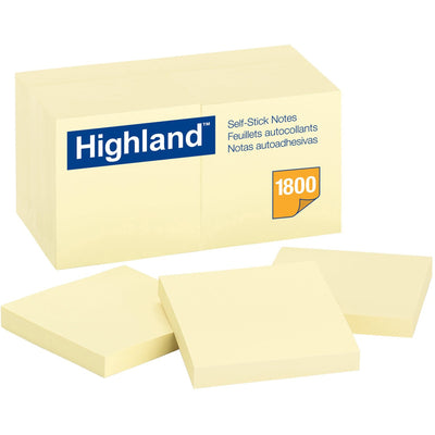 3M Highland Self-Sticking Notepads, Yellow, 1 Pack, MMM6549-18PK