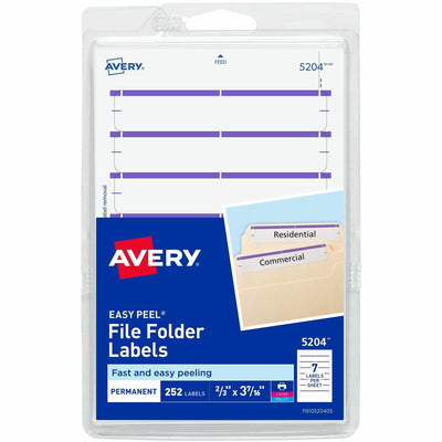 Avery File Folder Labels, White/Purple, 2/3" x 3-7/16", 252 (5204), 6EA/PK 3PK/CT — view 1