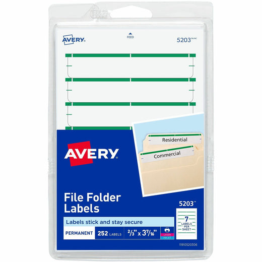 Avery® File Folder Labels, White/Green, 2/3" x 3-7/16" , 252 (5203), 1 Pack