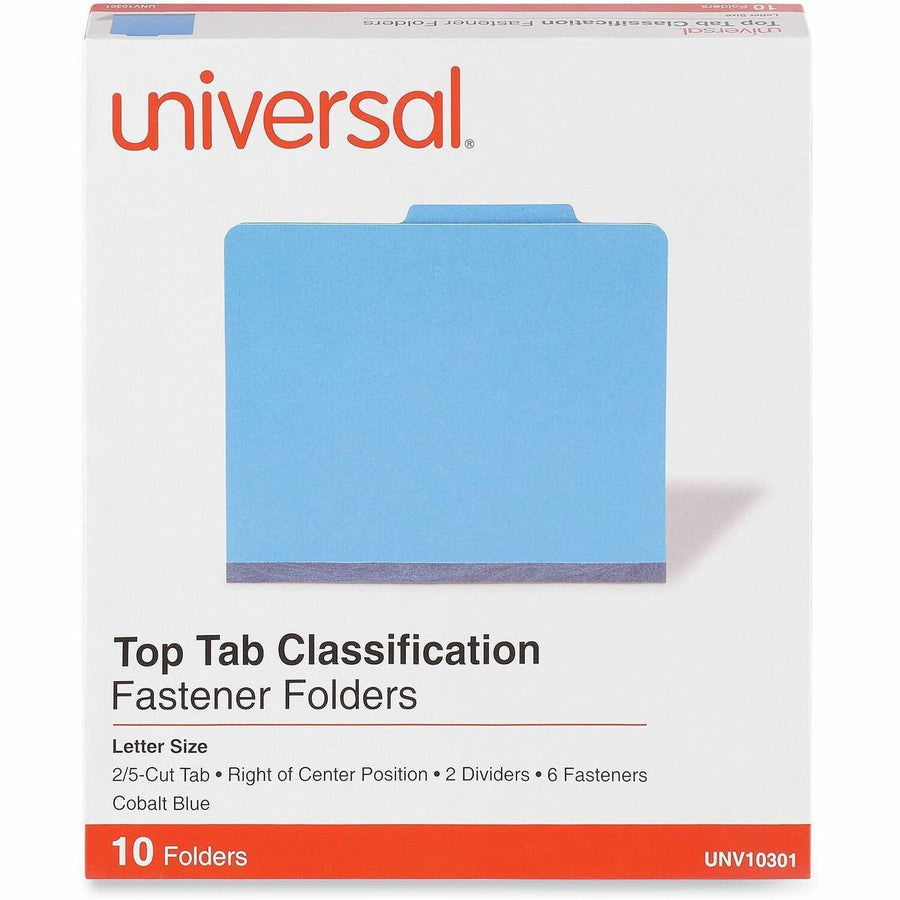 Universal Classification Folder, 8.5" Width x 11" Length, Cobalt Blue, 2/5, Right of Center, 10 / Box, UNV10301