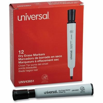 Universal Dry Erase Marker, Broad Chisel Tip, Black, Dozen, 1 Dozen, UNV43651