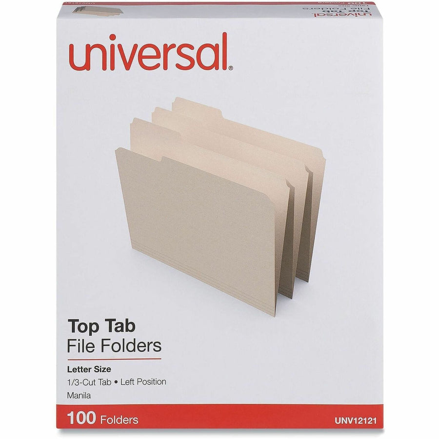 Universal Top Tab File Folder, 8.5" Width x 11" Length, Manila, 1/3, Left, 100 / Box, UNV12121