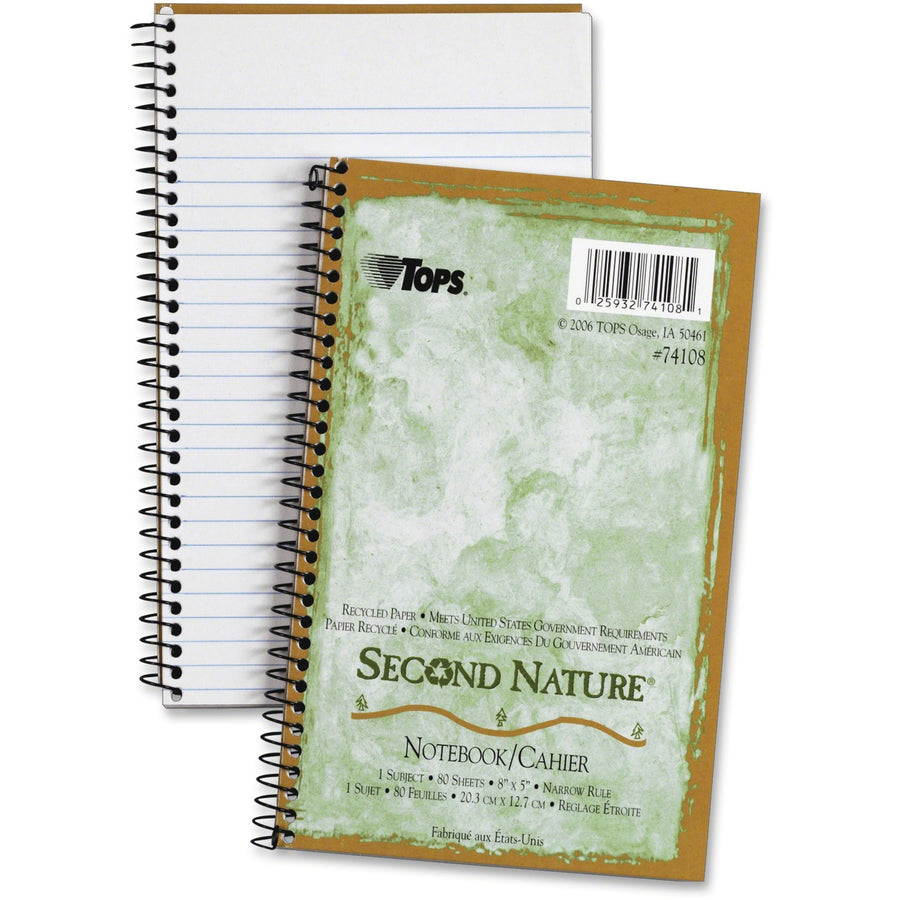 TOPS Narrow-ruled Second Nature 1-subject Notebook, 8" x 5", Wire Bound, 15 lb, 80, Perforated, TOP74108