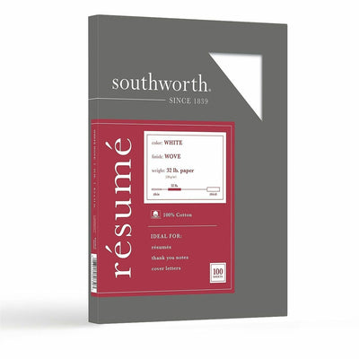 Neenah Paper Southworth 100% Cotton Resume Paper, White, 8 1/2" x 11", 100 / Box, SOURD18CF