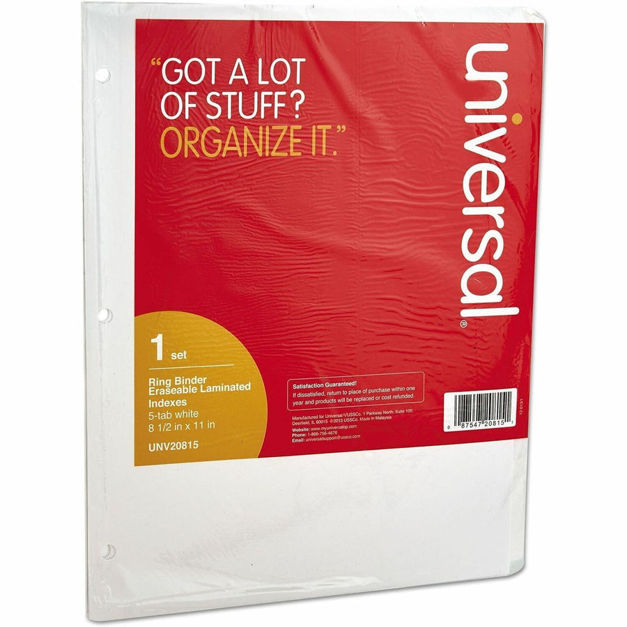 Universal Deluxe Write-On/Erasable Tab Index, 5-Tab, 11 x 8.5, White, White Tabs, 1 Set, Side, Laminated Tab, UNV20815