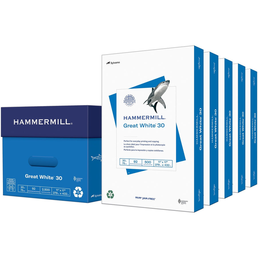 Hammermill Great White Recycled Copy Paper - White, Paper for Copy, 11" x 17", 20 lb, Jam-free, 500 / Ream, HAM86750