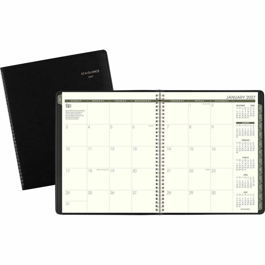 At-A-Glance Recycled Planner, Professional, 13 Month, Monthly, 9" x 11", Large, Black, Faux Leather, Wire Bound, Phone Directory, AAG70260G05