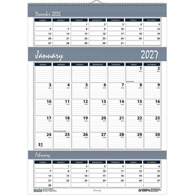 House of Doolittle Bar Harbor Triple Month Wall Calendars, Gray, 12", HOD342