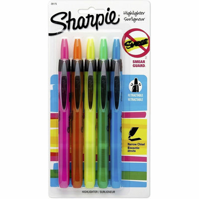 Newell Sharpie Smear Guard Retractable Highlighters, 5 / Pack, SAN28175PP
