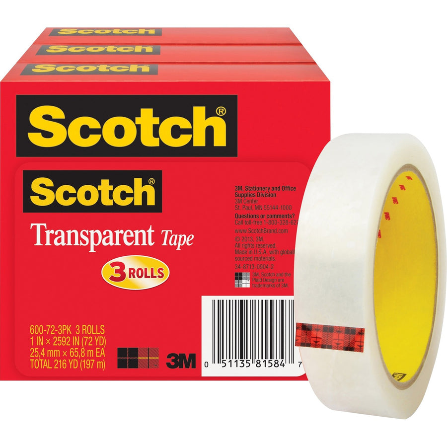 Scotch Transparent Tap, Clear, 1", 72 yd, 3", Glossy, 1 / Pack, MMM600-72-3PK