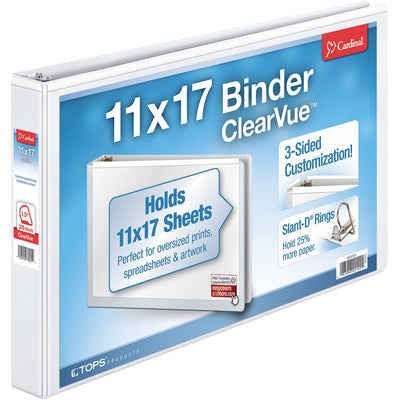 TOPS Cardinal ClearVue Overlay Tabloid D-Ring Binder, White, 11" Width x 17" Length, CRD22122