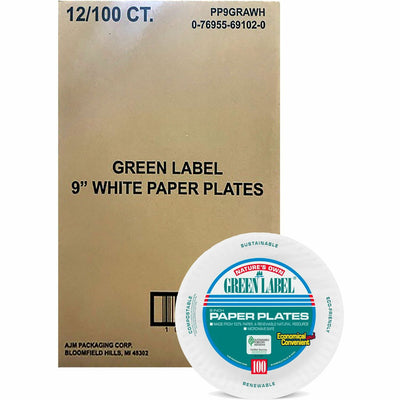 AJM Packaging Green Label 9" Green Label Economy Paper Plates, White, 12 / Carton, AJMPP9GRA