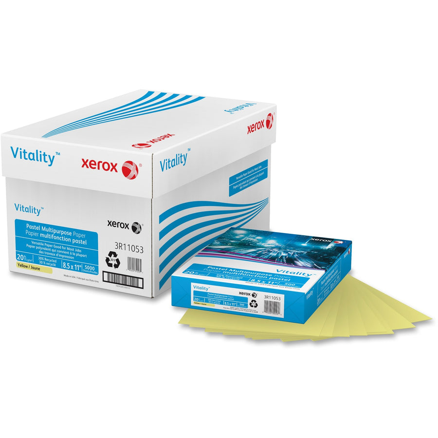 Xerox Vitality Multipurpose Pastel Paper, Vitality Colors Pastel, 8.5" x 11", Yellow, 20 lb, Jam-free, 500 / Ream, XER3R11053