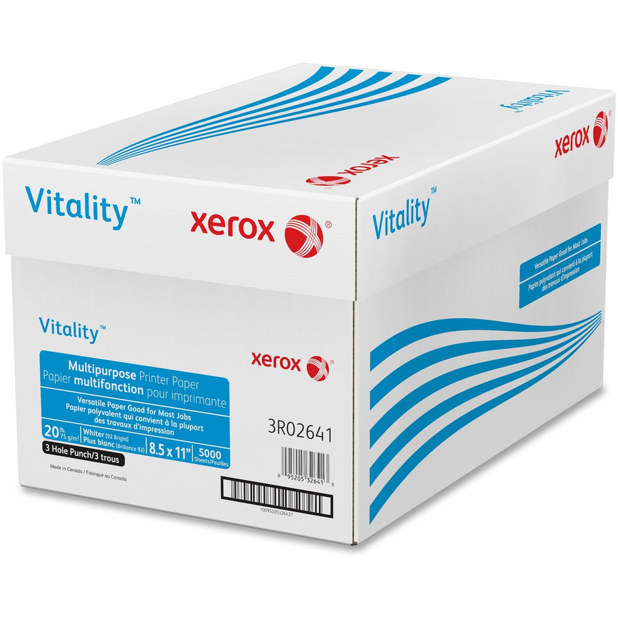 Xerox Vitality 3-Hole Punch Inkjet Multipurpose Printer Paper - White, 8.5" x 11", 20 lb, 10 / Carton, XER3R02641