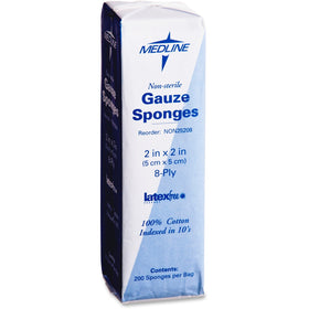 Medline Nonsterile Woven Gauze Sponges, White, 200 / Box, MIINON25208
