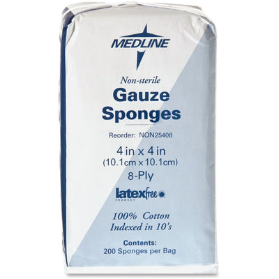 Medline Nonsterile Woven Gauze Sponges, White, 200 / Box, MIINON25408