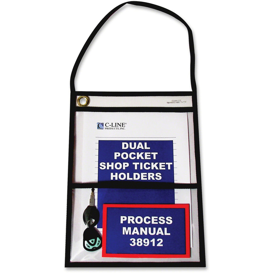 C-Line 2-Pocket Shop Ticket Holders, 9" Width x 12" Length, Clear, Vinyl, Hook & Loop Closure, 15 / Box, CLI38912