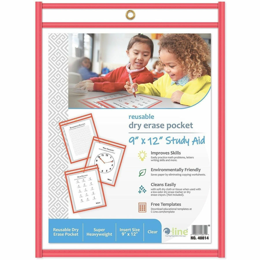C-Line Reusable Dry-erase Pocket, 12" x 9", Red, 30 / Box, CLI40814