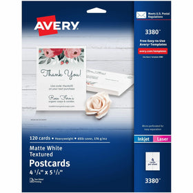 Avery Matte Textured Postcards, White, 4 1/4" x 5 1/2", 1 Box, AVE03380