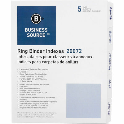 Business Source 3-Ring 5-Tab Erasable Tab Indexes, White, 1 Set, BSN20072
