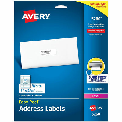 Avery Easy Peel Address Labels, White, 750 / Pack, AVE5260