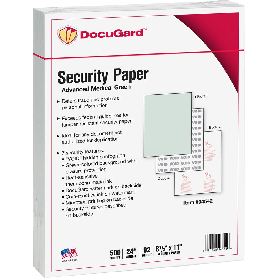 DocuGard Advanced Medical Security Paper, 8.5" x 11", Green, 24 lb, CMS Approved, 500 / Ream, PRB04542