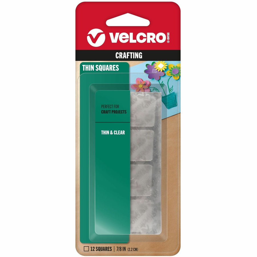 VELCRO® Thin Clear Fasteners 7/8in Squares Clear 12 ct, Adhesive, 12 Carton, VEK91330