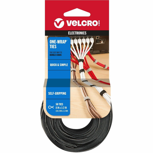 VELCRO® ONE-WRAP Thin Ties 8in x 1/2in Ties Gray & Black 50 ct, 1 Pack