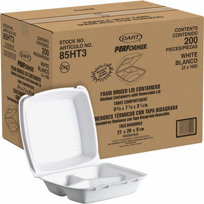 Dart Container 8-1/2" Triple-Compartment Foam Containers, White, 200 / Carton, DCC85HT3