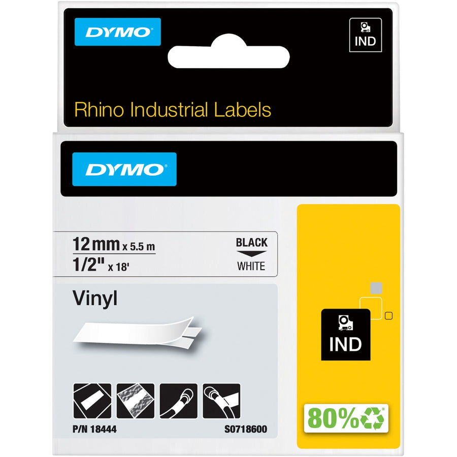 Dymo Rhino Industrial Vinyl Labels, RhinoPRO, Black on White, Oil Resistant, DYM18444