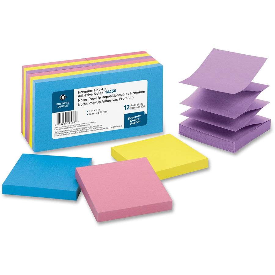 Business Source Reposition Pop-up Adhesive Notes, Assorted, 12 / Pack — view 1
