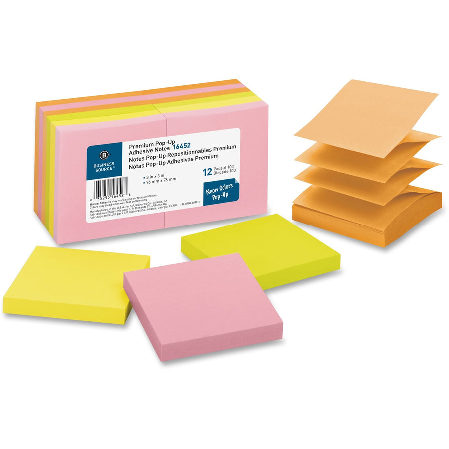 Business Source Reposition Pop-up Adhesive Notes, Assorted Neon, 12 / Pack — view 1