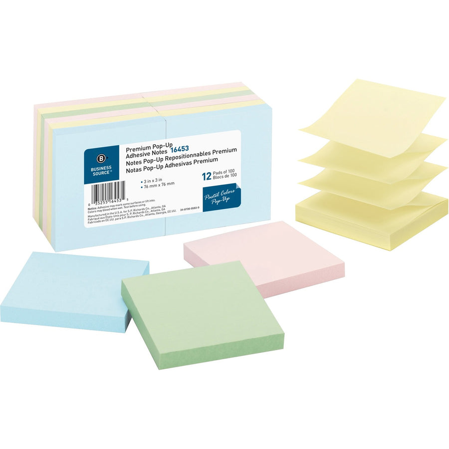 Business Source Reposition Pop-up Adhesive Notes, Assorted Pastel, 12 / Pack — view 1