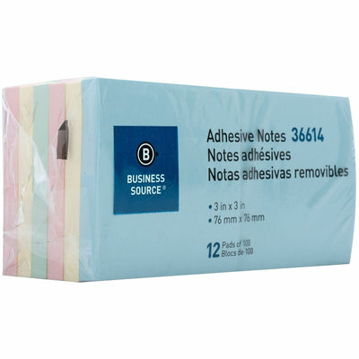 Business Source 3" Plain Pastel Colors Adhesive Notes, Assorted, 1 Pack, BSN36614