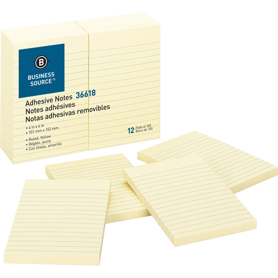 Business Source Ruled Adhesive Notes, Yellow, 1 Pack — view 1