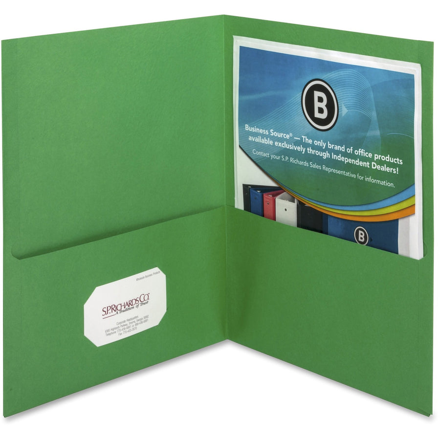 Business Source Letter Recycled Pocket Folder, Green, 8 1/2" Width x 11" Length, 25 / Box — view 1