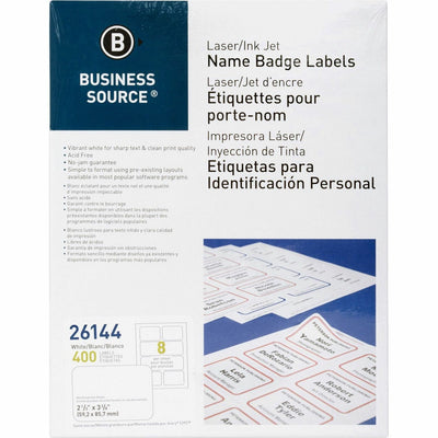 Business Source Laser/Inkjet Name Badge Labels, White, 400 / Pack, BSN26144