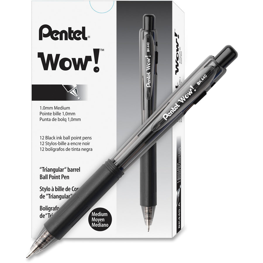 Pentel WOW! Retractable Ballpoint Pens, Black, Pocket Clip, 36 / Pack, PENBK440ASW-US