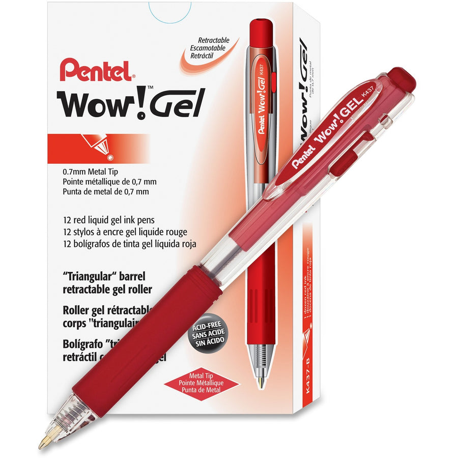 Pentel Wow! Gel Pens, Red, Transparent Barrel, 1 Dozen, PENK437B